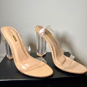 Fashion Nova Nude Clear Strap Heels | Chunky Heel Sandals